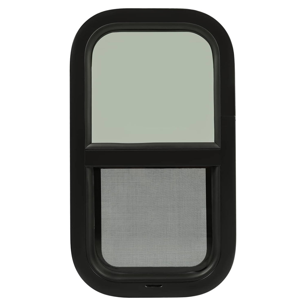 Tinted RV glass window with black arched frame, tinted upper panel and mesh lower panel