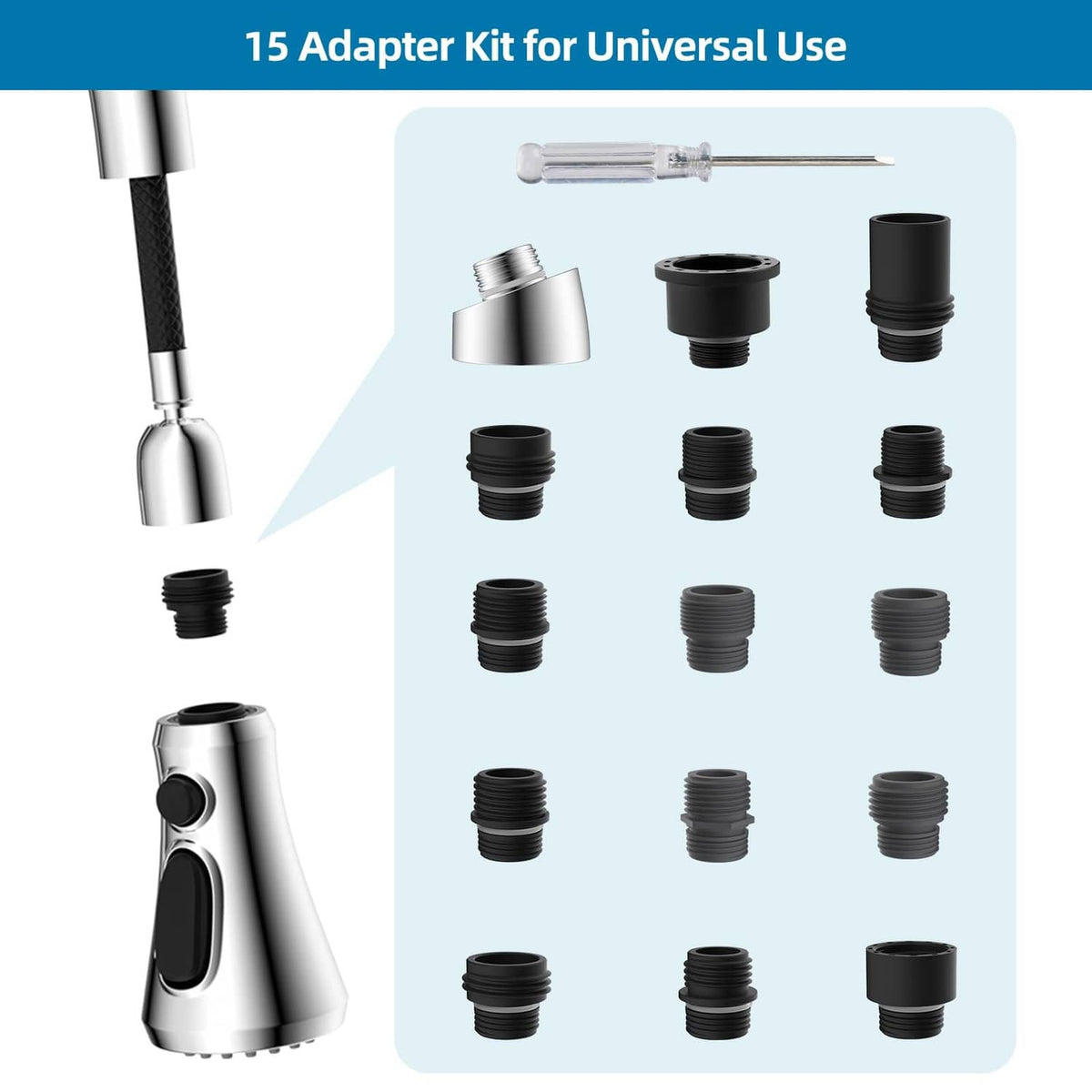 Faucet head replacement kit with chrome sprayer head and 15 adapter connectors