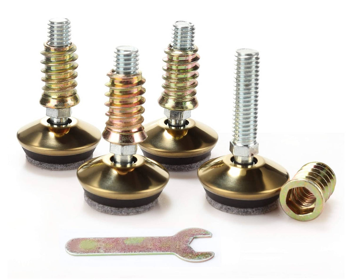 Set of swivel leveling legs with gold bases, threaded stems, and gray felt pads