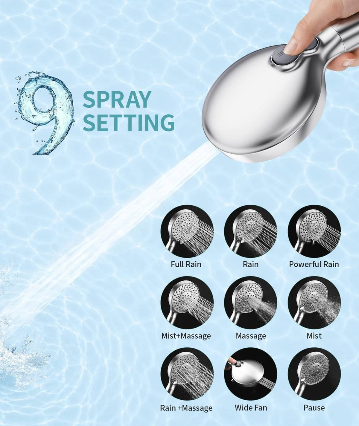 Chrome handheld showerhead with round spray head and multiple spray mode settings