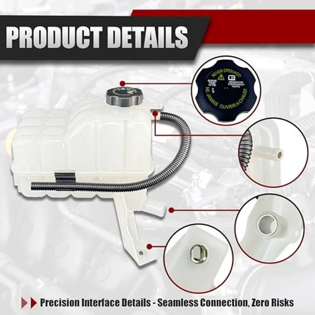 Coolant reservoir tank with sensor and cap, white reservoir and black hose connection