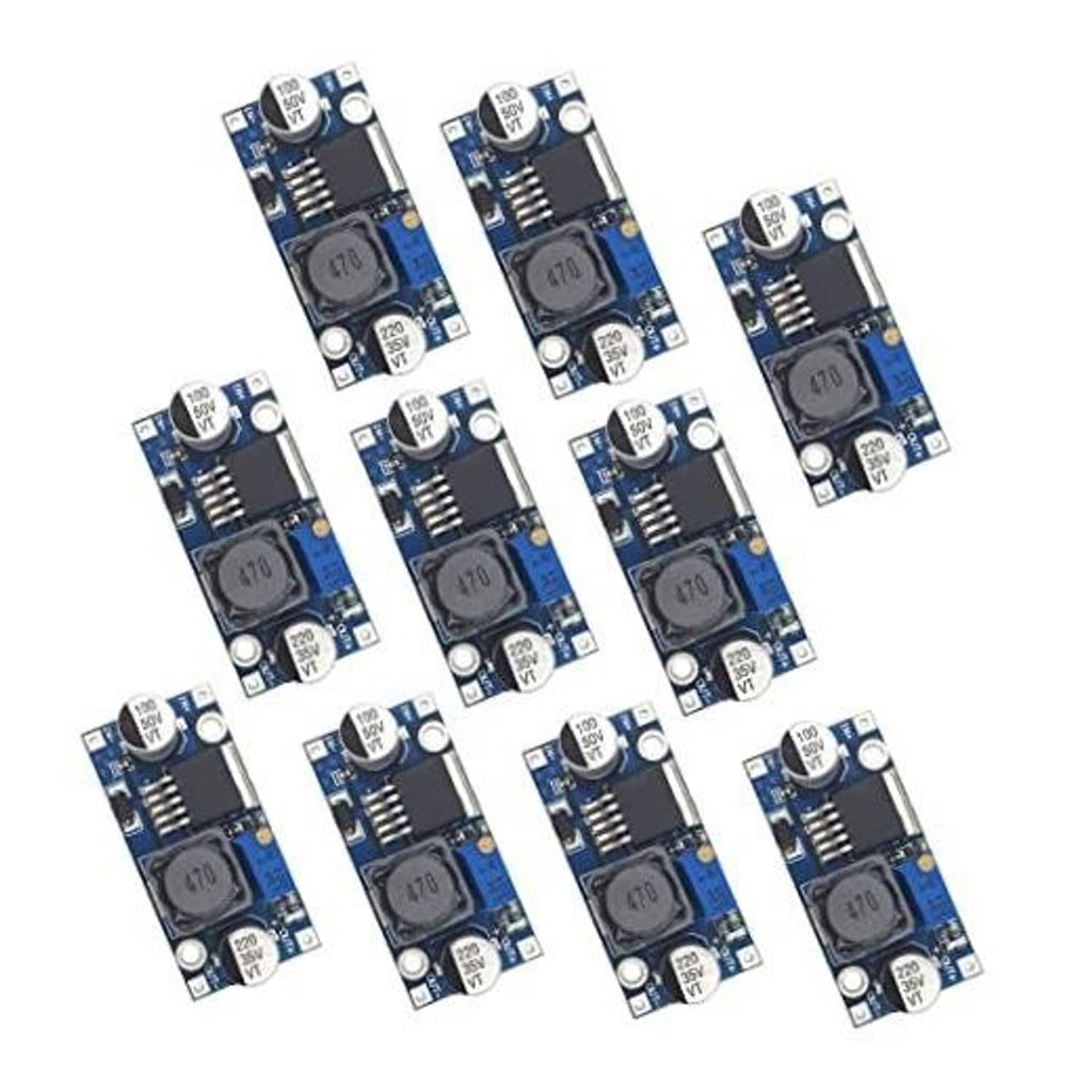 Set of 10 blue DC-DC buck regulator modules with input/output terminals and ICs