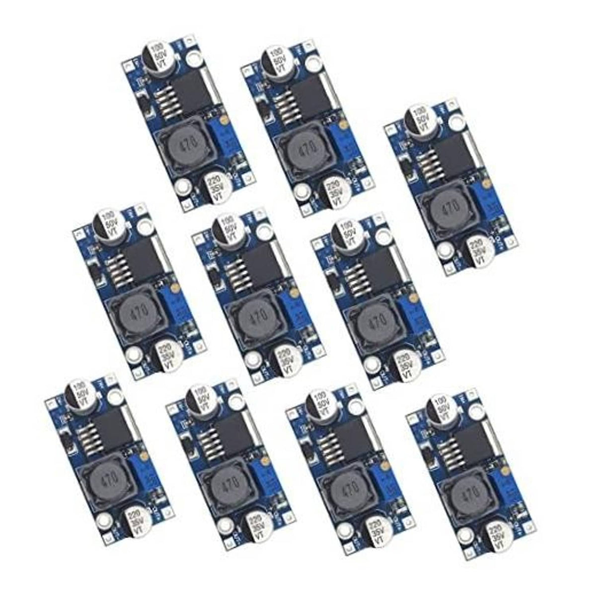 Set of 10 blue DC-DC buck regulator modules with input/output terminals and ICs
