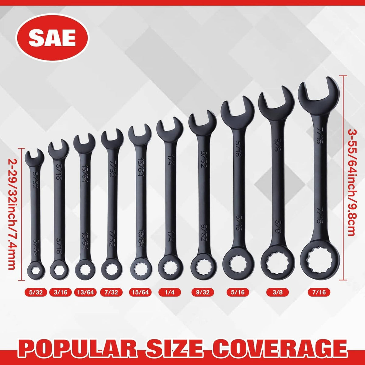 Set of black SAE mini combination wrenches with visible size markings