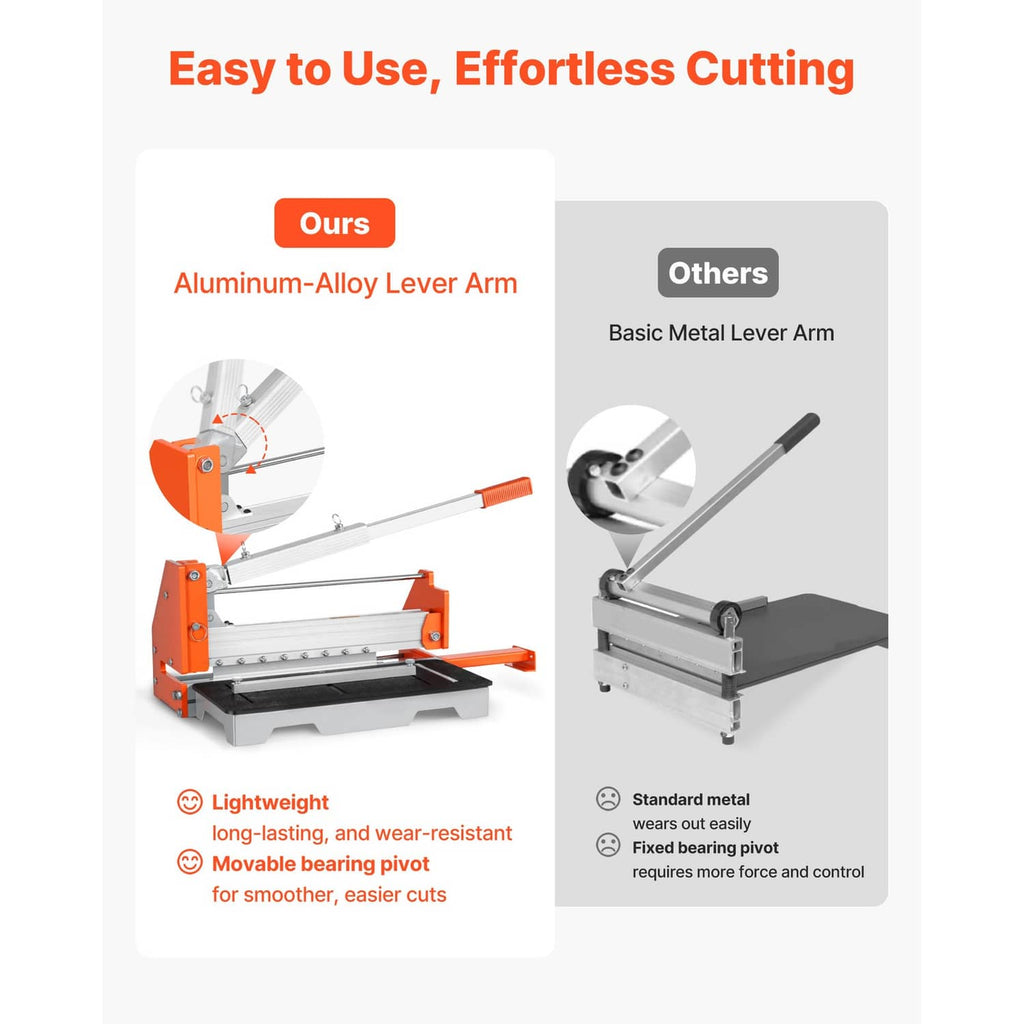Vinyl flooring cutter showing lever arm design for effortless cutting