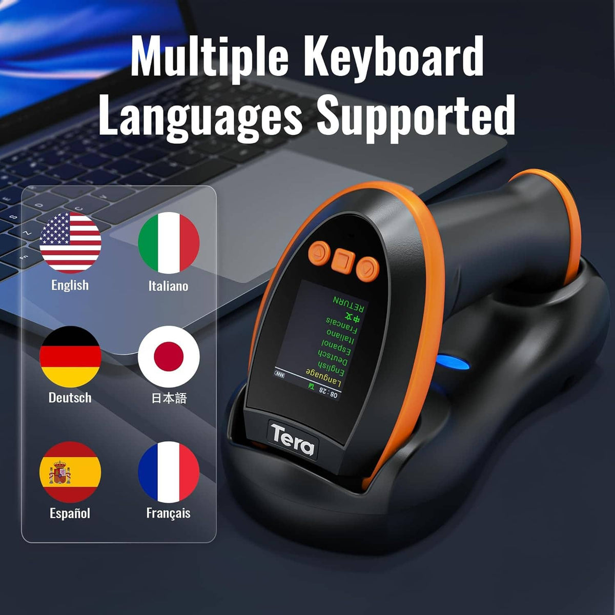 Barcode scanner with screen and orange buttons beside language selection graphics