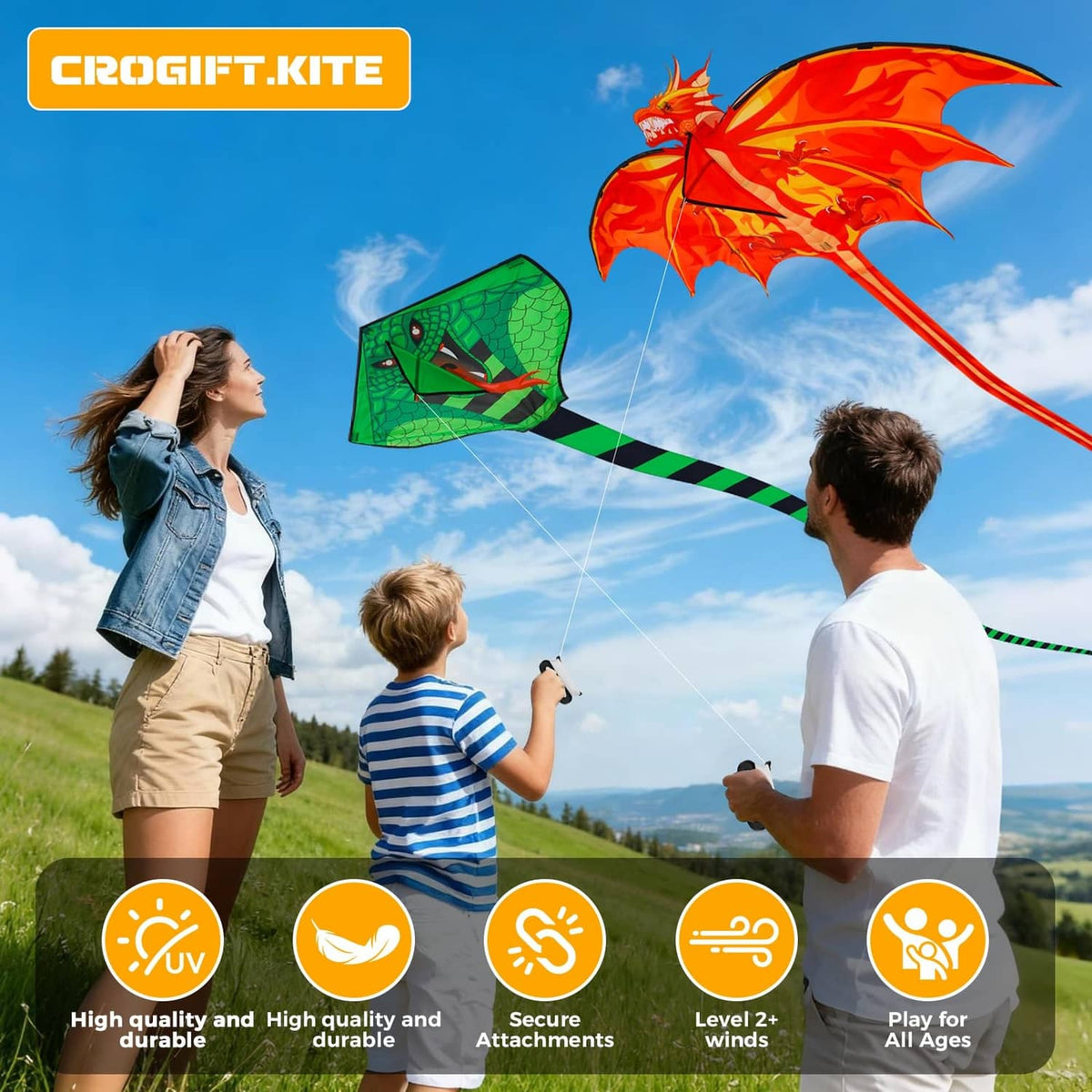 Green scaly snake kite and orange flame dragon kite with long striped tails