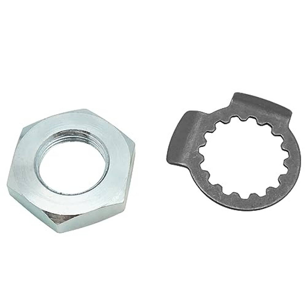 Serrated washer and silver hex nut hardware set, shown from two angles