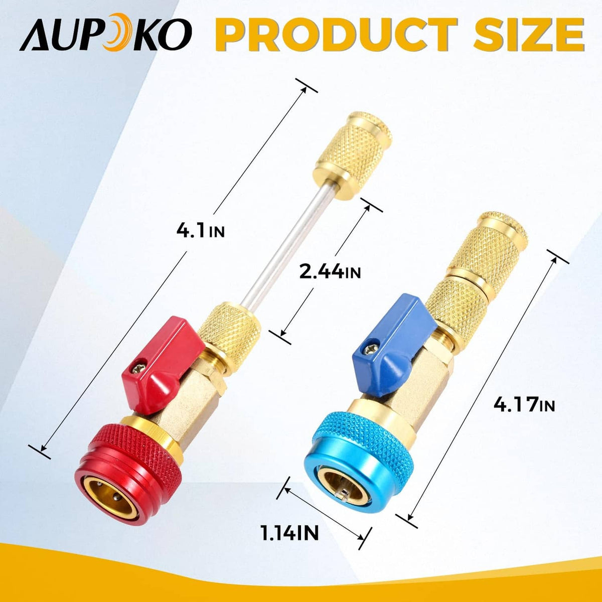 R134A valve core quick remover kit with red and blue couplers on long brass stems