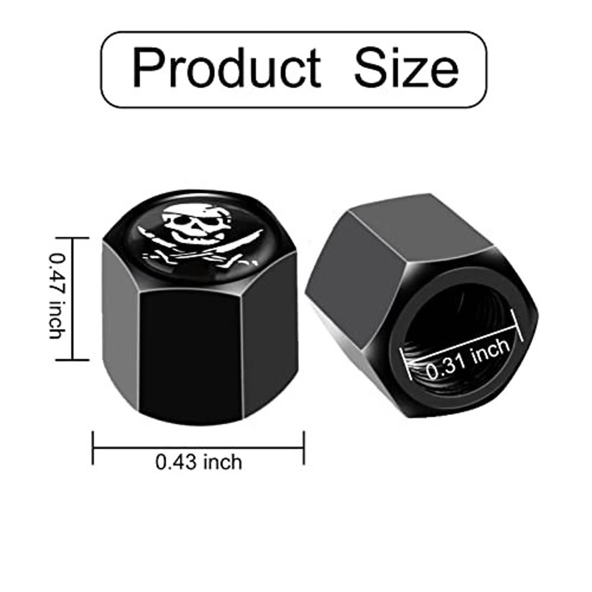 Black pirate skull valve stem caps with dustproof seal; 0.43 in cap size