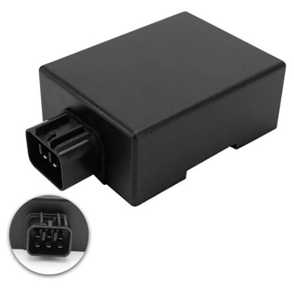 Black ignition CDI module box with multi-pin connector, compact black plastic casing