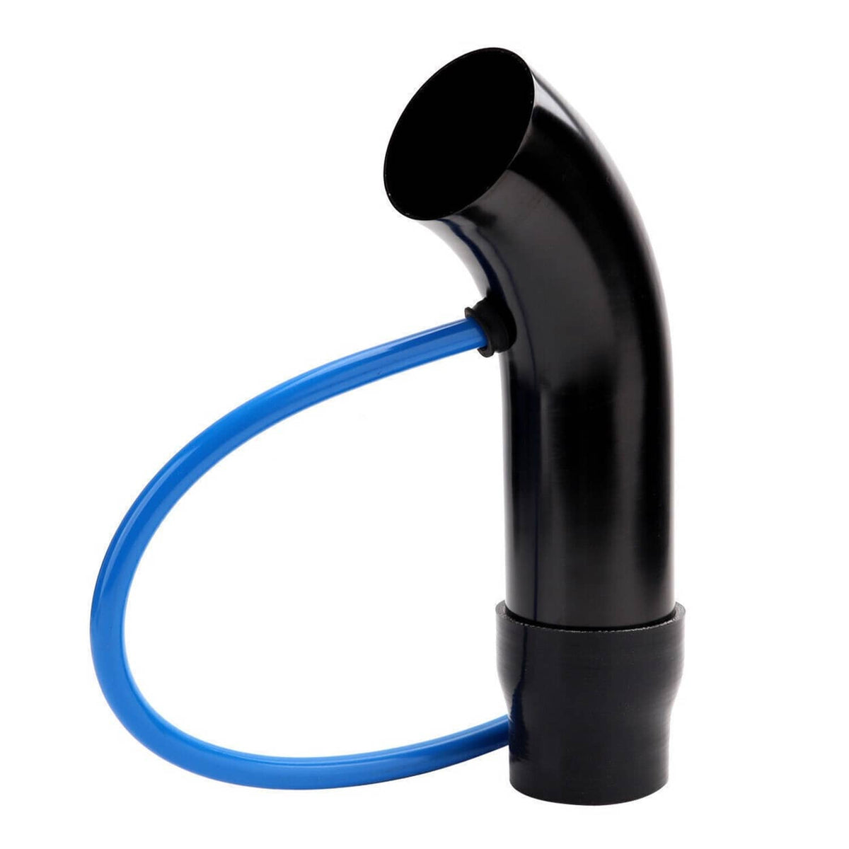 Curved black intake pipe with blue silicone hose connected to air inlet