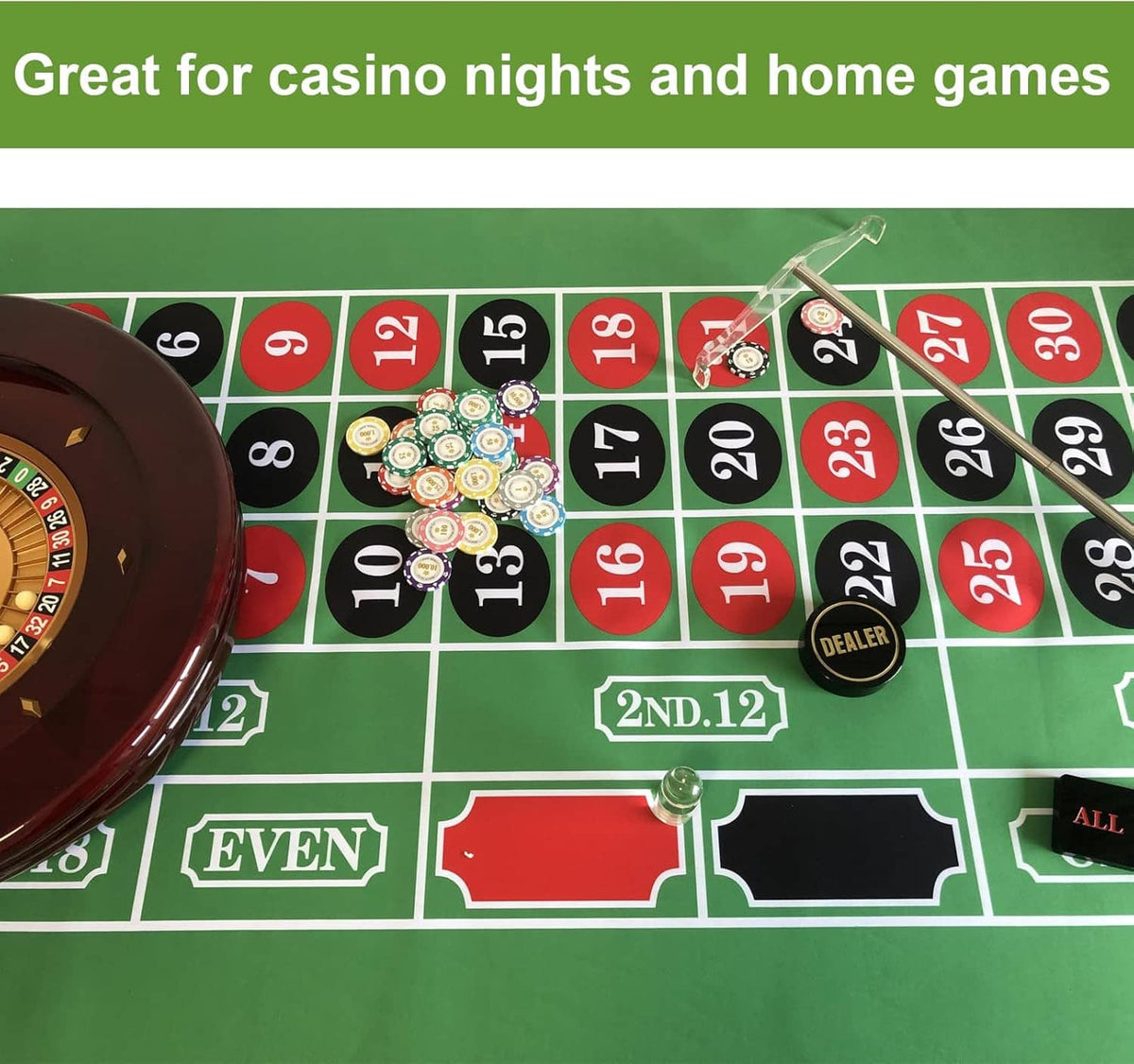 Green felt roulette table with scattered chips and a clear roulette marker and two balls