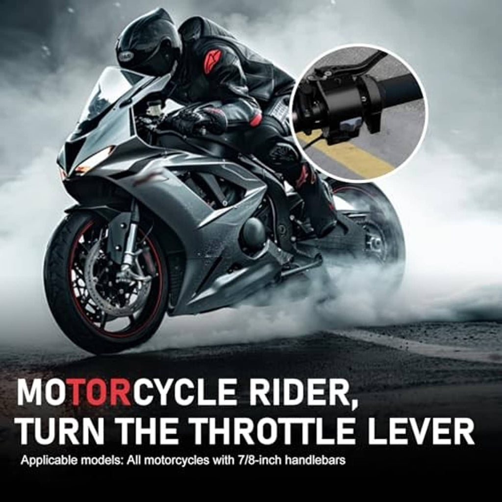 Motorcycle with installed quick-throttle handlebar attachment shown in inset detail