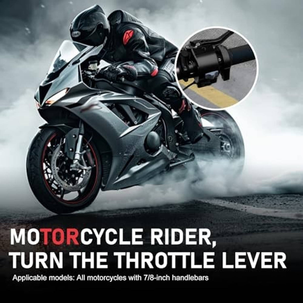 Motorcycle with installed quick-throttle handlebar attachment shown in inset detail
