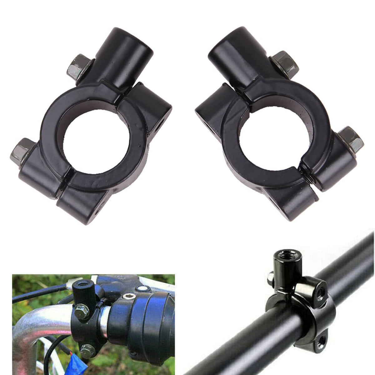 Black handlebar clamp rear-view mirrors with mounting bolts and bracket arms