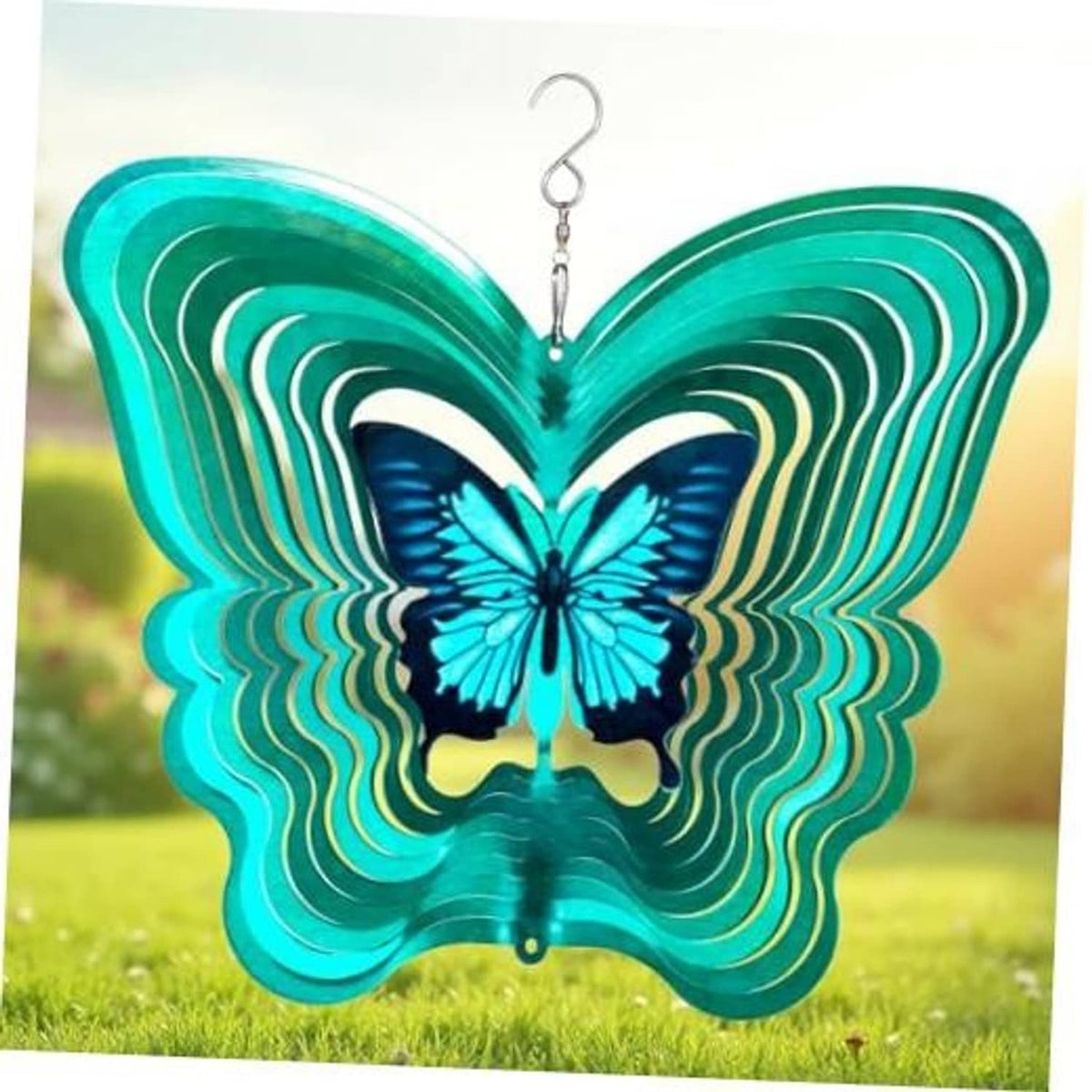 Turquoise metal butterfly wind spinner with layered 3D wings and hanging hook