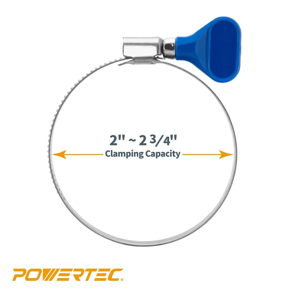 Blue key hose clamp with 2–3/4 in clamping capacity and serrated steel band.