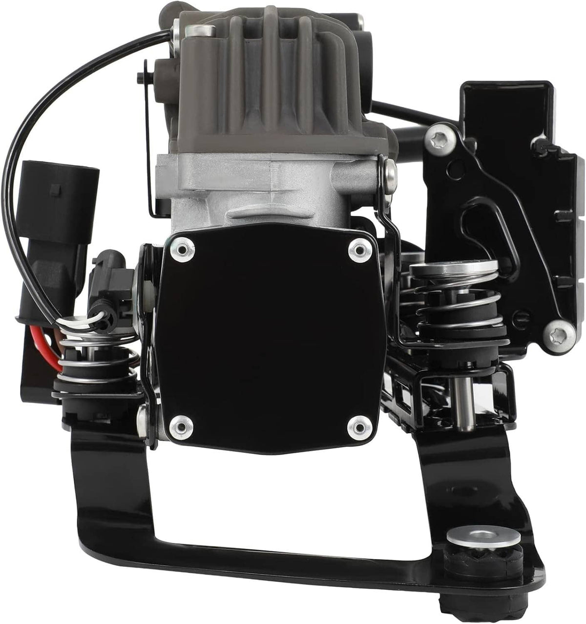 Air suspension compressor pump, front view with black cover plate and metal suspension mount