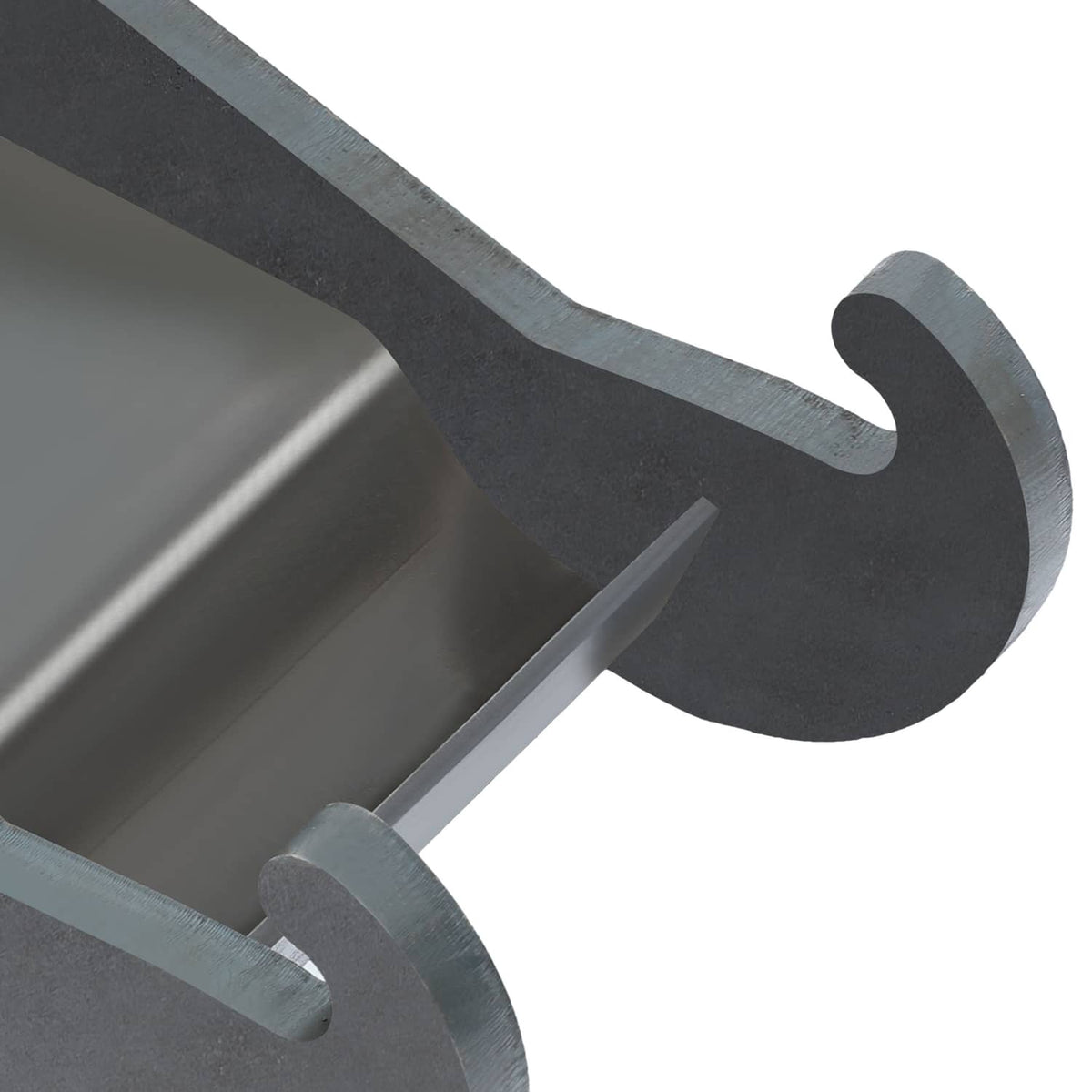 Excavator coupler bracket with curved end loops and open cradle, dark gray steel