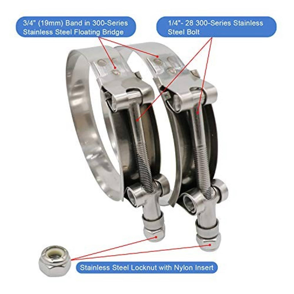 T-bolt clamp hardware details with locknuts, floating bridge, and stainless steel components