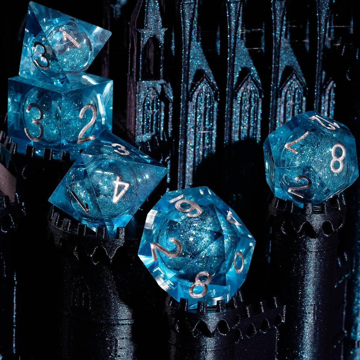 Blue liquid-core D&D dice set with large numbered faces in blue glitter
