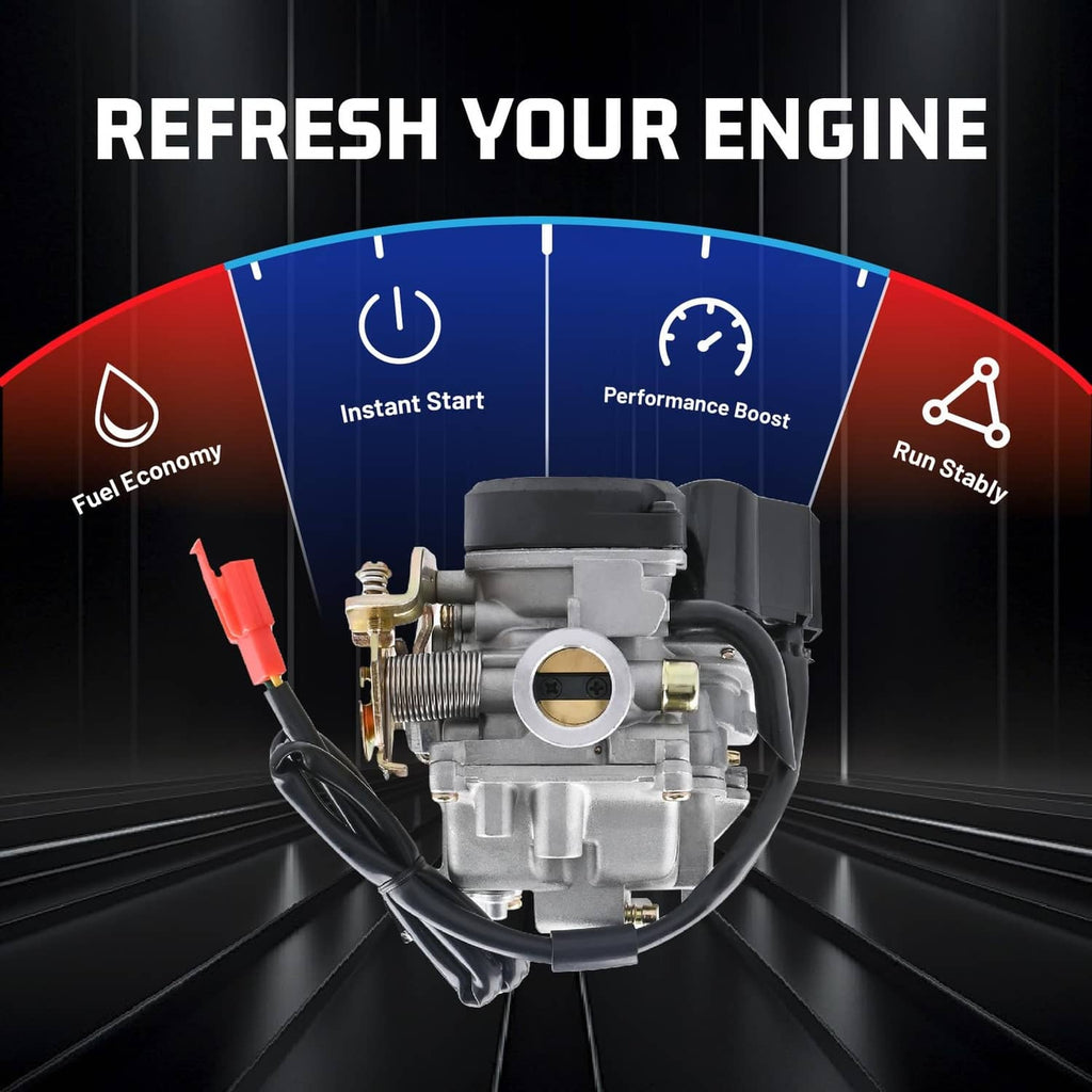 Scooter carburetor with black top cover and visible throttle bore