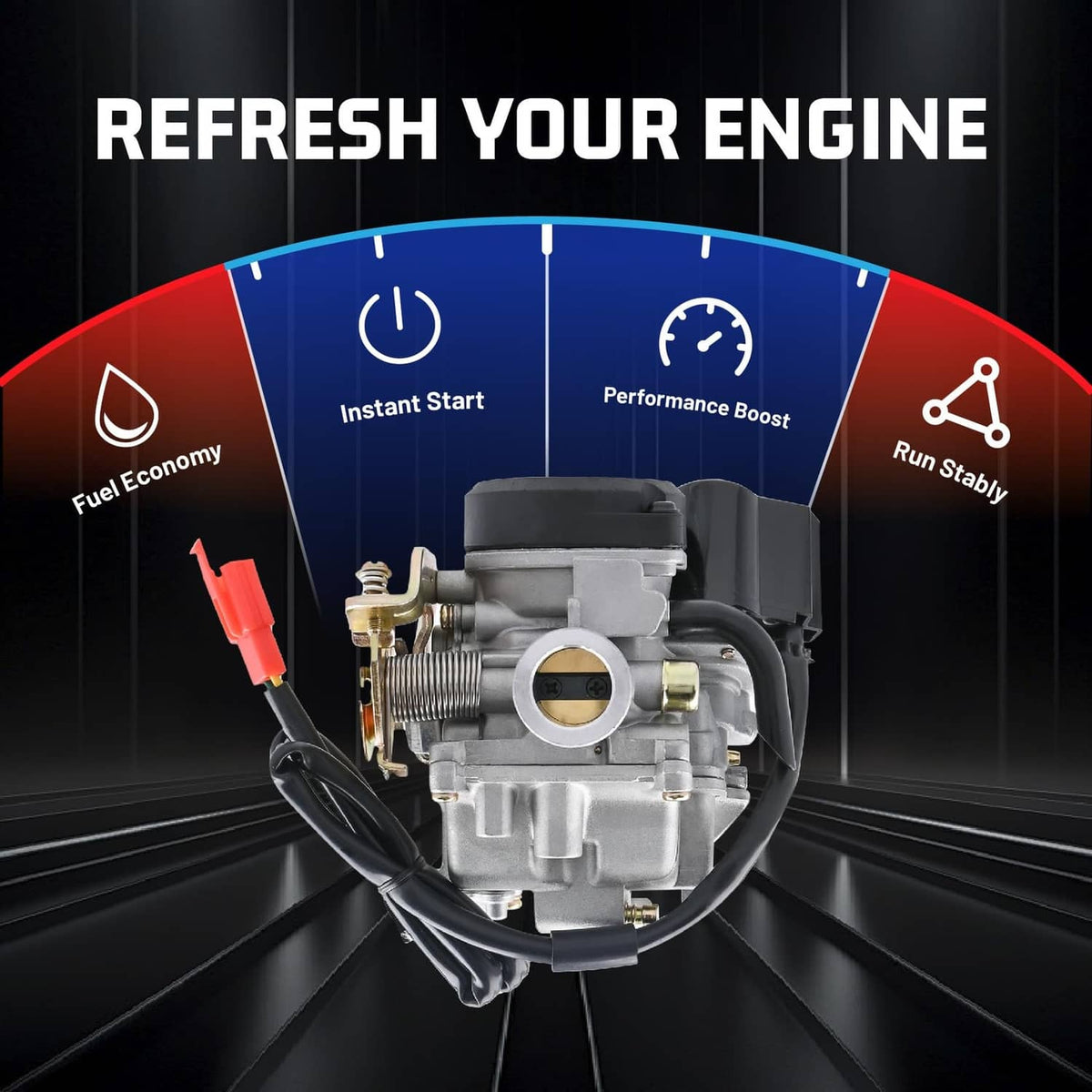 Scooter carburetor with black top cover and visible throttle bore