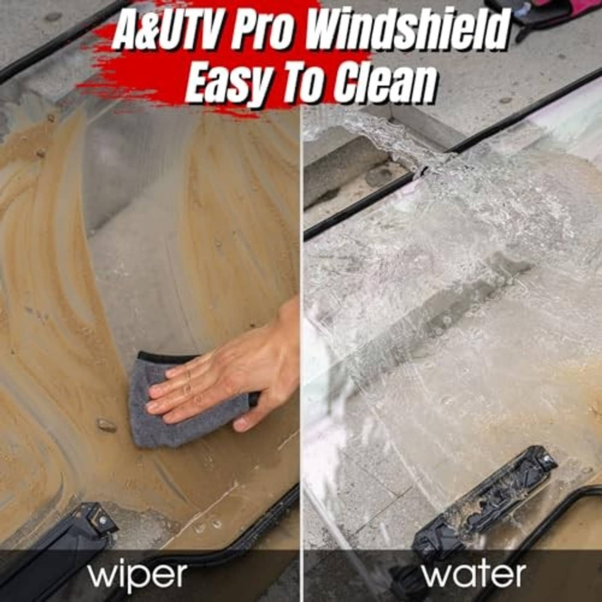 Clear tinted UTV windshield with wiper base, showing water droplets on glass