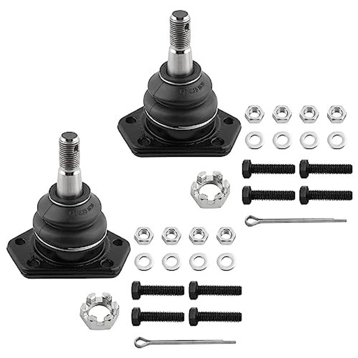 Front upper ball joint pair with black rubber boots, studs, nuts, washers, and bolts.