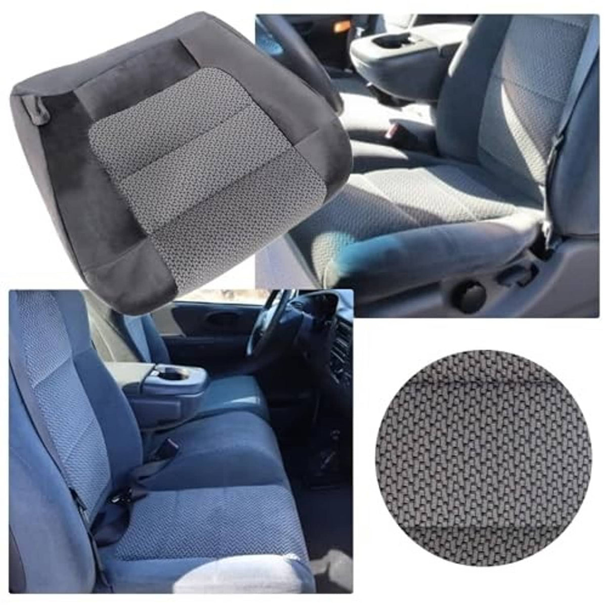 Dark gray cloth seat cover installed on a car front seat cushion