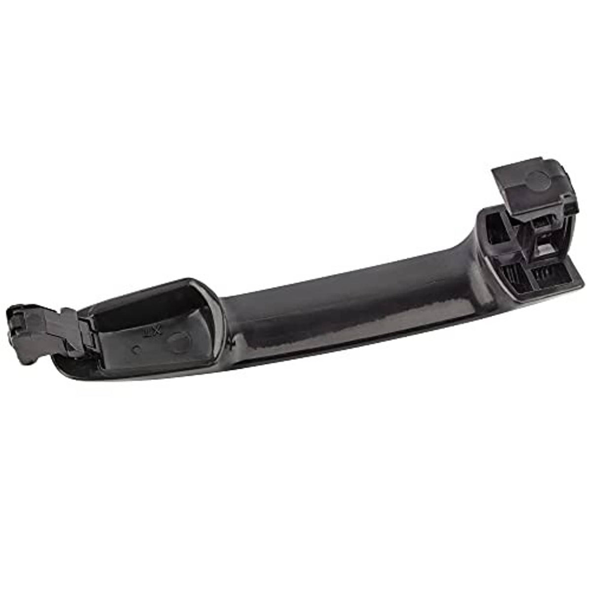 Black exterior door handle close-up of underside mounting and keyhole bezel