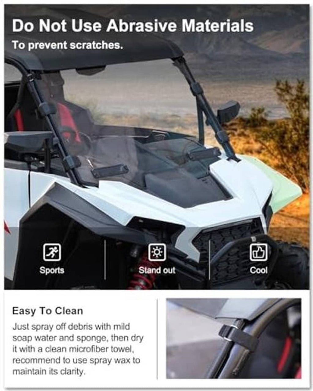 Vented full windshield for UTV with clear tinted screen and protective frame supports