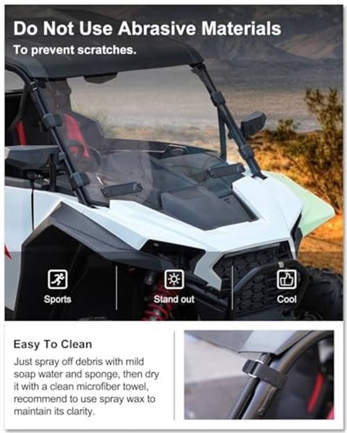 Vented full windshield for UTV with clear tinted screen and protective frame supports