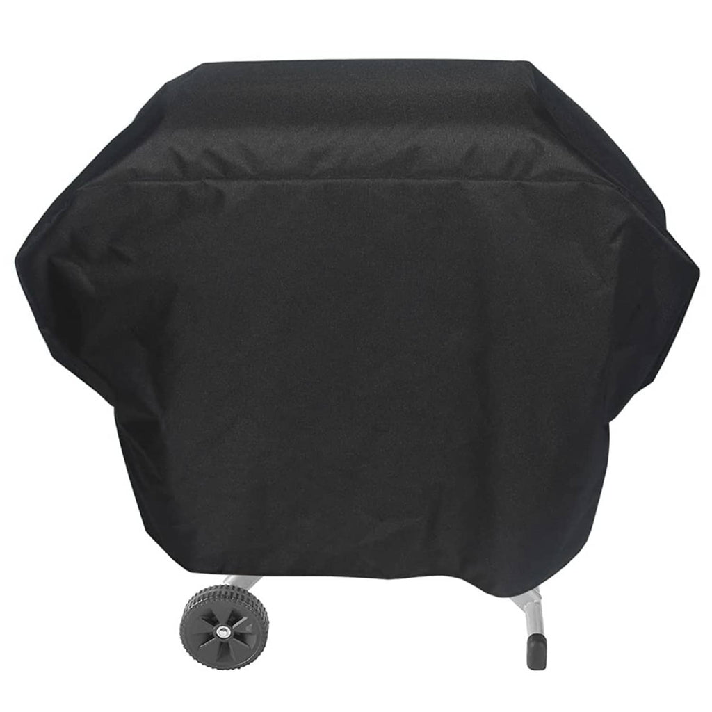Black fitted grill cover with peaked top and secure bottom straps for outdoor protection