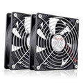 Pair of black 120mm computer case cooling fans with protective grille and 2-pin leads