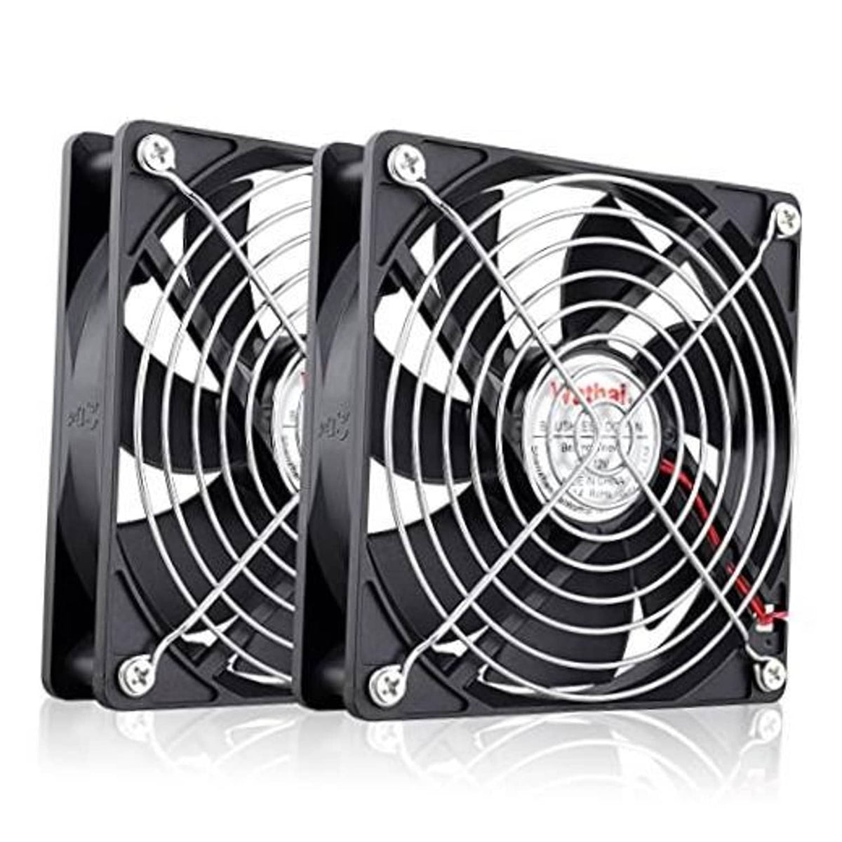 Pair of black 120mm computer case cooling fans with protective grille and 2-pin leads