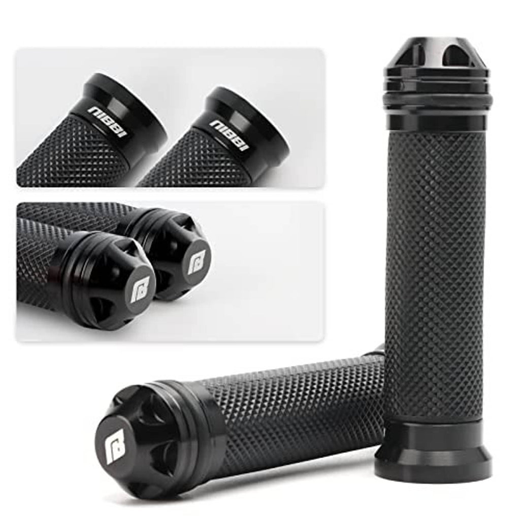 Black twist throttle grips with textured rubber and multi-angle end-cap close-up