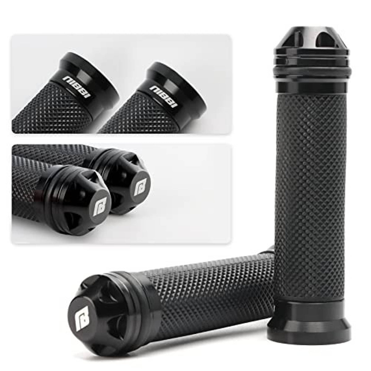 Black twist throttle grips with textured rubber and multi-angle end-cap close-up