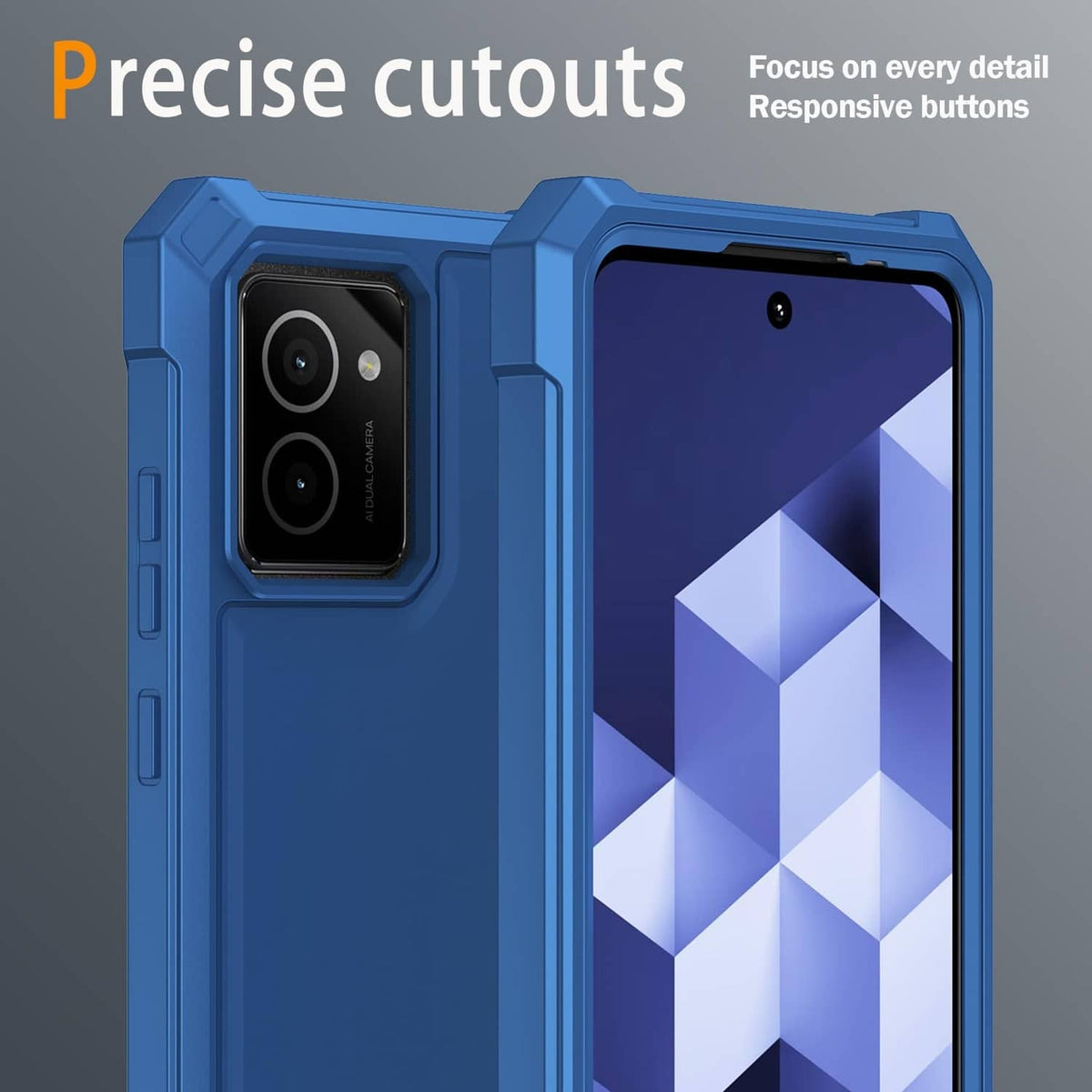 Blue rugged phone case with precise cutouts for camera and buttons; raised bumper frame
