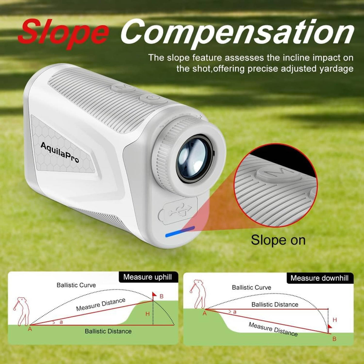 White AquilaPro rangefinder highlighting slope compensation feature