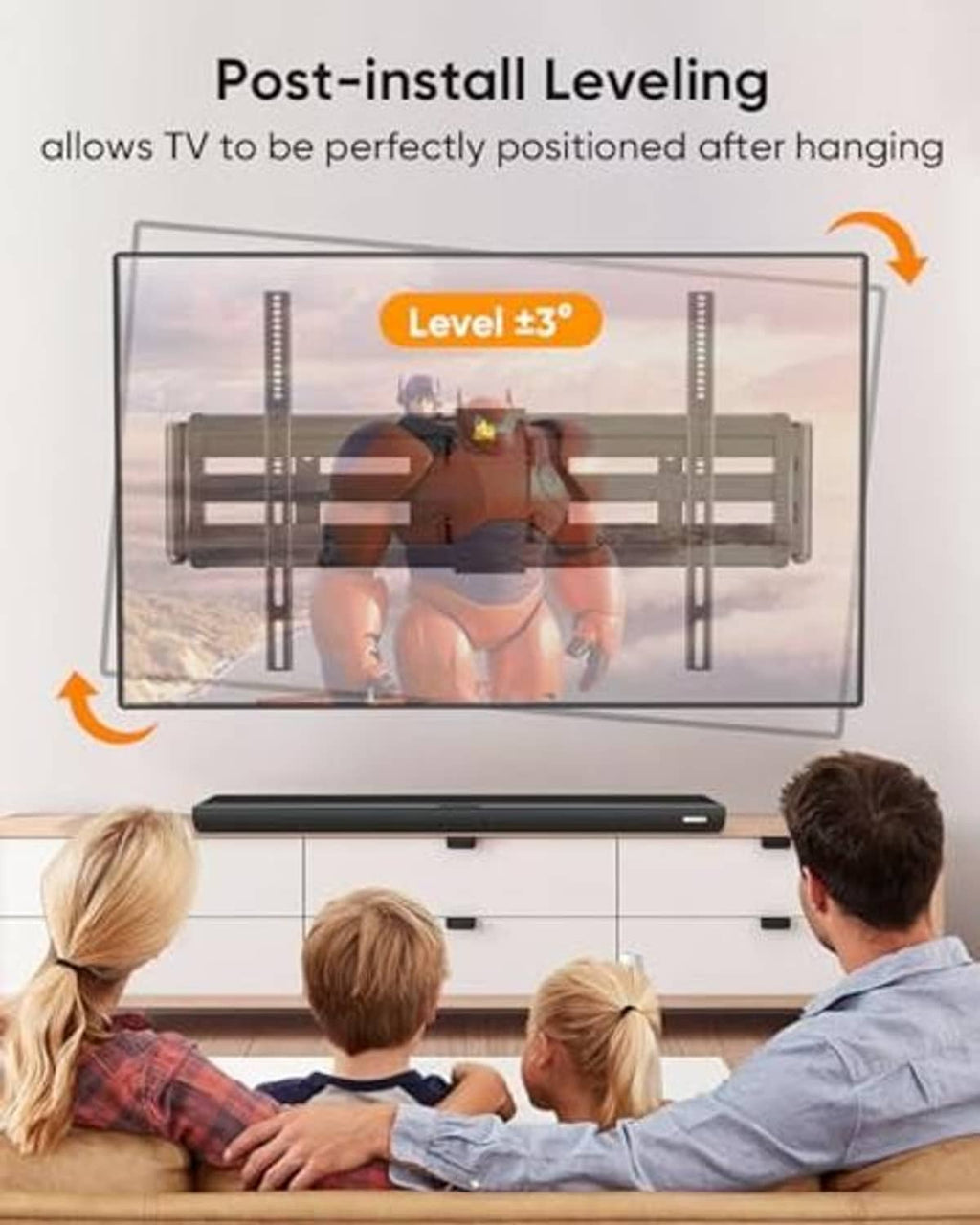 TV wall mount bracket with post-install leveling adjustment, black steel