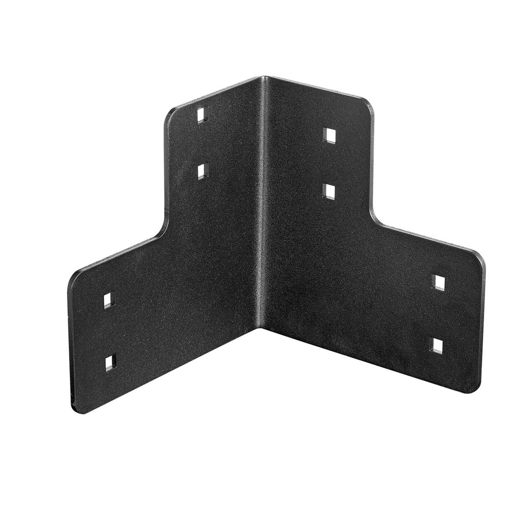 Black metal workbench corner bracket with predrilled holes, L-shaped angle support