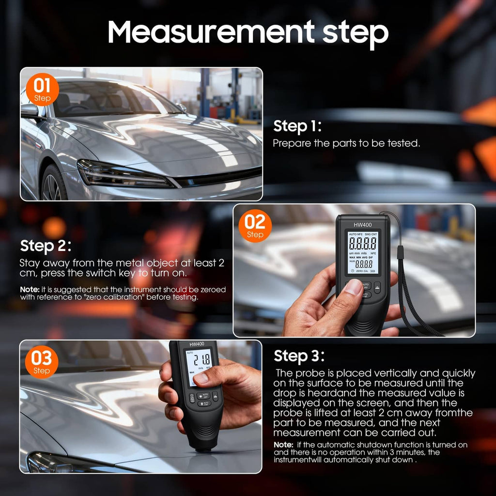 Digital coating thickness gauge with step-by-step measurement instructions display.