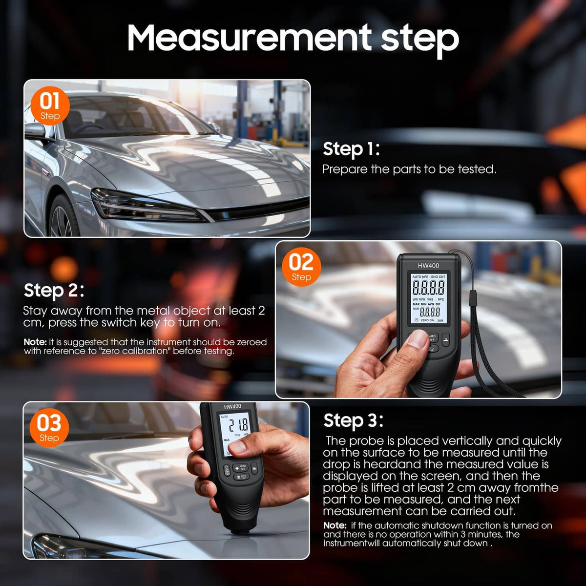 Digital coating thickness gauge with step-by-step measurement instructions display.