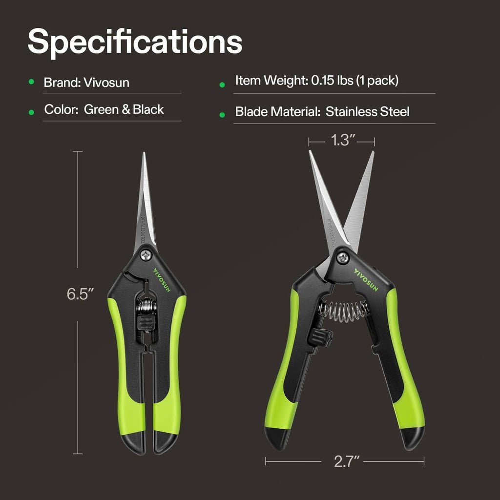 Garden pruning scissors, green-and-black handles, spring mechanism, 6.5 in size