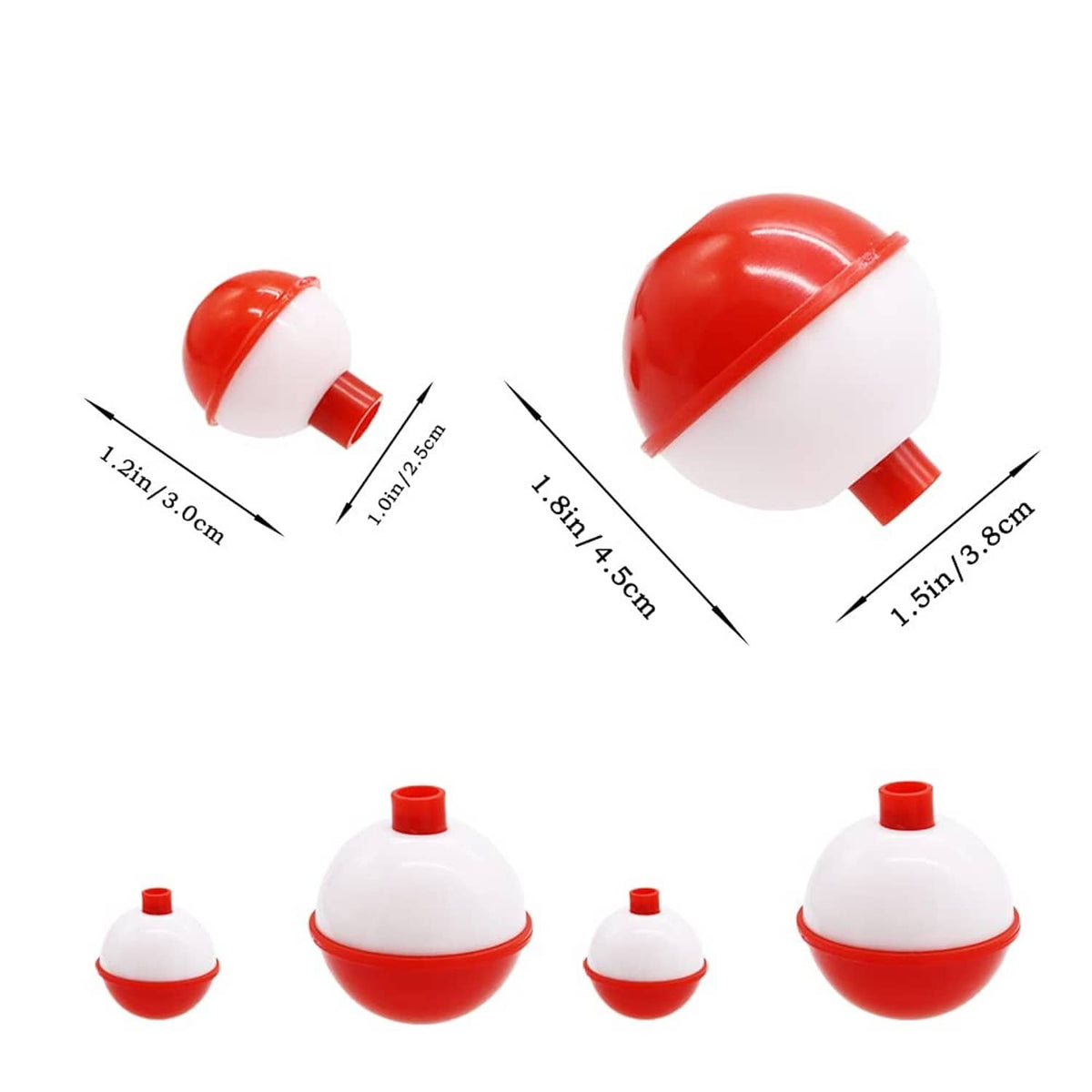White and red fishing floats with red caps, shown with size dimensions