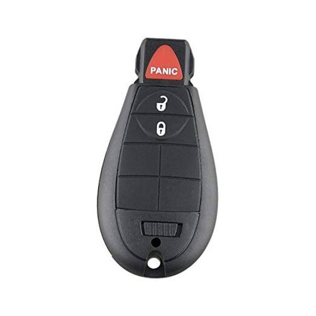 Black car key fob with red PANIC button and three control buttons