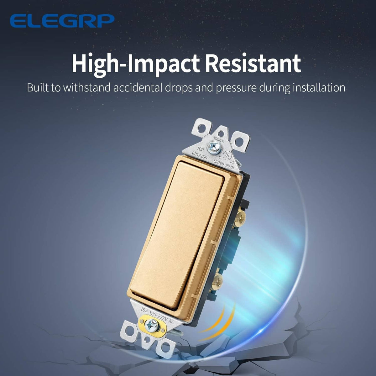 Matte champagne single pole switch with impact-resistant housing and brass hardware.