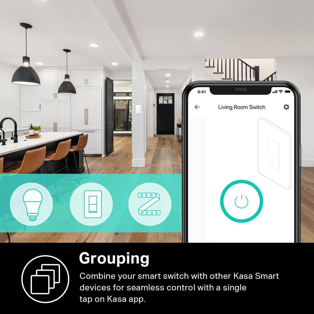 White single-pole smart light switch grouped in a smartphone app screen